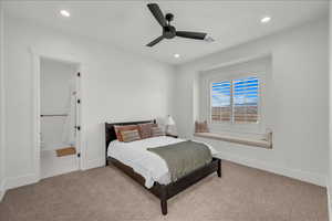 Bedroom featuring carpet floors, recessed lighting, ensuite bath, and ceiling fan