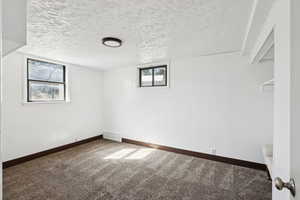 Below grade area with a textured ceiling and carpet floors