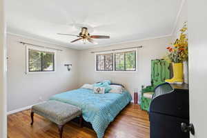 Bedroom featuring multiple windows, wood finished floors, crown molding, and ceiling fan