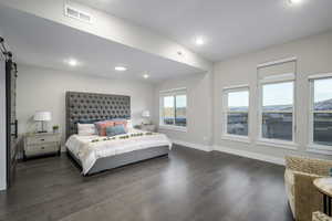 Bedroom featuring a barn door and dark wood-style flooring