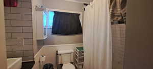 Bathroom featuring wainscoting and curtained shower