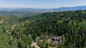Aerial view of property and surrounding area with a mountainous background and a heavily wooded area