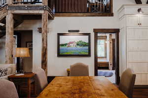 Dining space with dark wood-style flooring and a desk