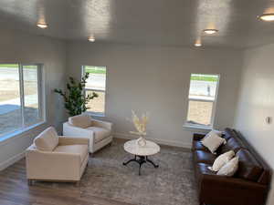 Living area featuring healthy amount of natural light, wood-like finished floors, a textured ceiling, and recessed lighting