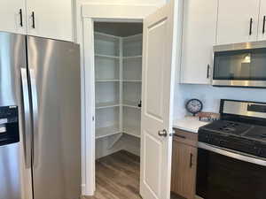 View of convenient shelving in the pantry
