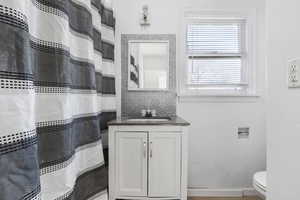 Bathroom with a shower with shower curtain and vanity