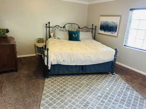 Carpeted bedroom with crown molding and baseboards