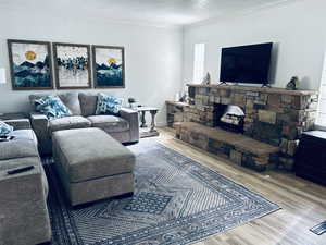 Living room with wood finished floors, a textured ceiling, and crown molding