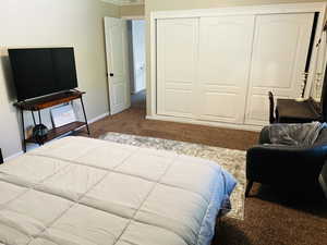 Bedroom with carpet flooring, a closet, and ornamental molding