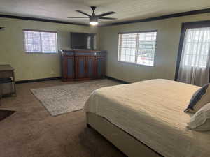 Bedroom with a textured ceiling, crown molding, a textured wall, carpet floors, and ceiling fan