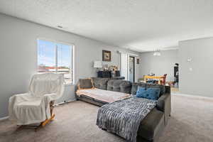 Living area with carpet flooring and a textured ceiling