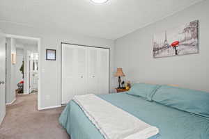 Carpeted bedroom featuring a closet and a textured ceiling