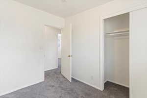Unfurnished bedroom featuring carpet flooring and a closet