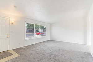 Unfurnished living room featuring carpet floors and a textured ceiling