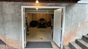 View of exterior entry featuring the toy garage