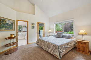 Bedroom with carpet, high vaulted ceiling, and connected bathroom