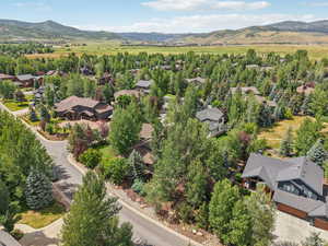 Aerial view of residential area with mountains