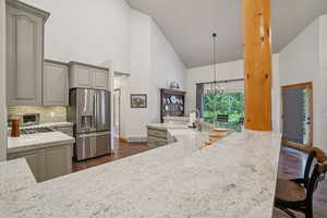 Kitchen with appliances with stainless steel finishes, high vaulted ceiling, a chandelier, dark wood-style flooring, and light stone counters