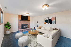Virtual Staging - Downstairs family room area with fireplace.