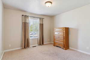 bedroom with light colored carpet and a textured ceiling