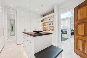 Walk in closet featuring a fireplace