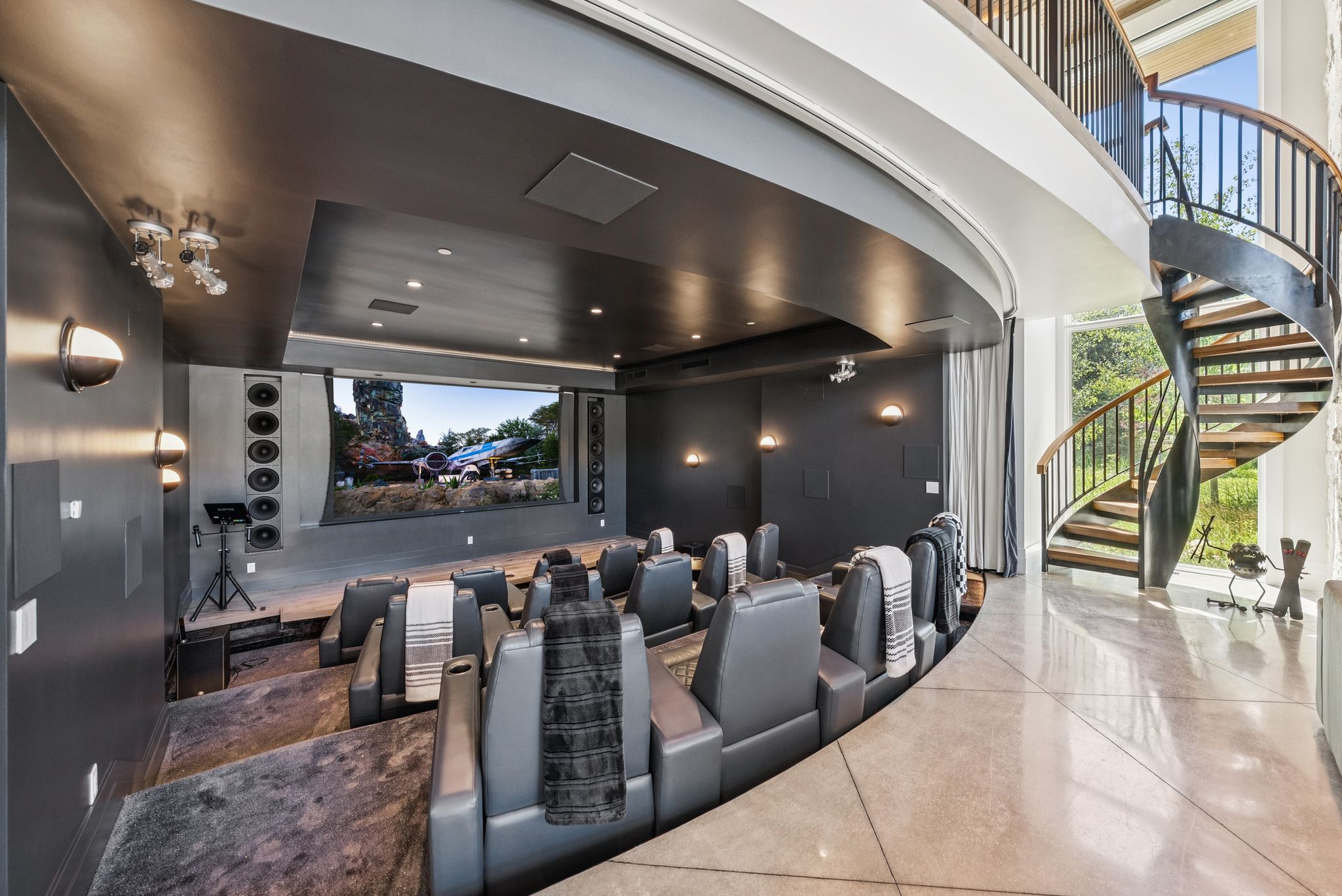 Cinema featuring a raised ceiling