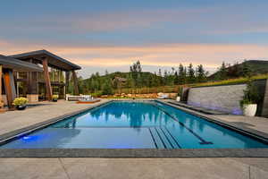 Pool at dusk featuring a patio area and an outdoor pool
