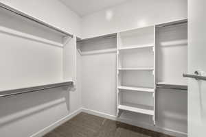 Spacious closet featuring dark carpet