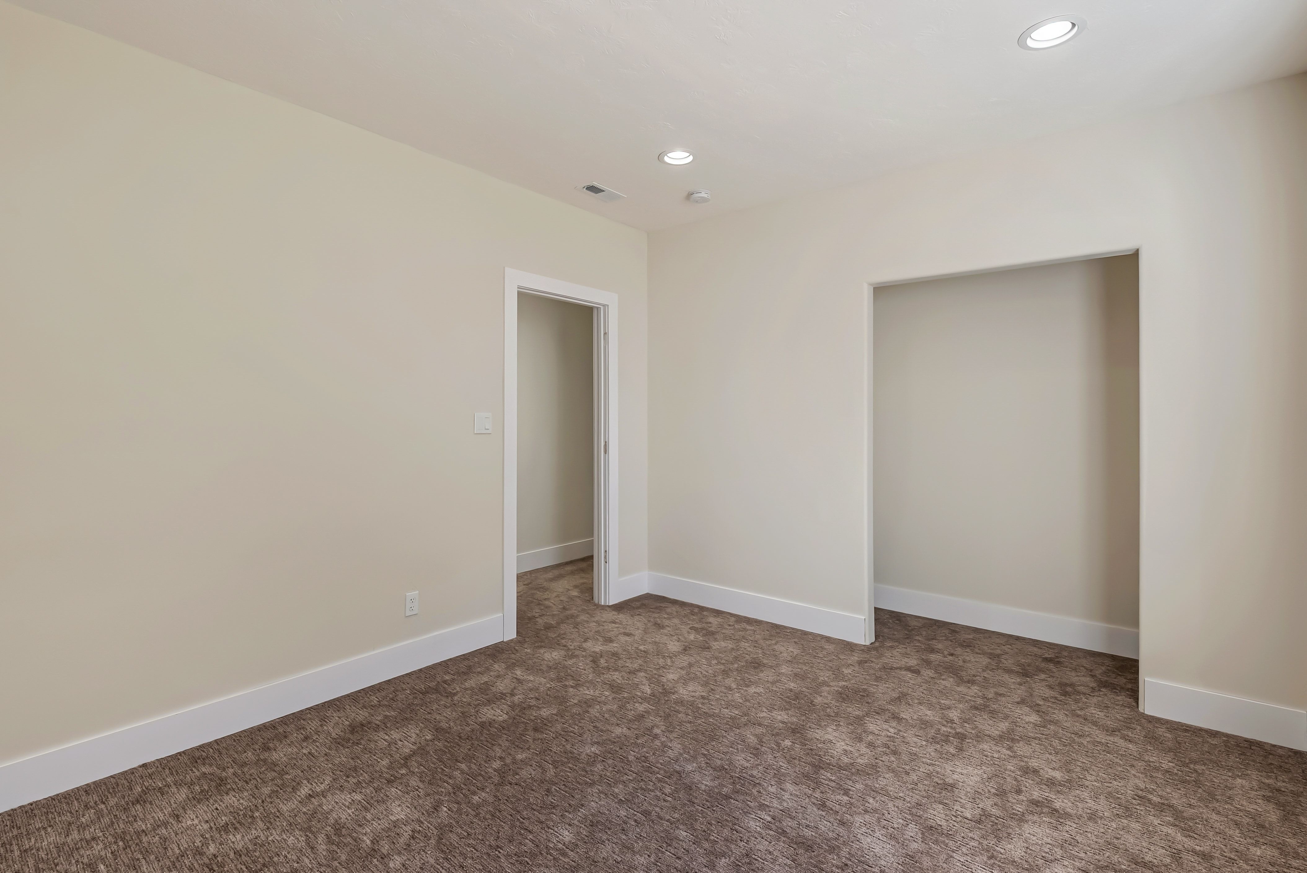 Neutral-toned walls and plush brown carpeting create a versatile interior space