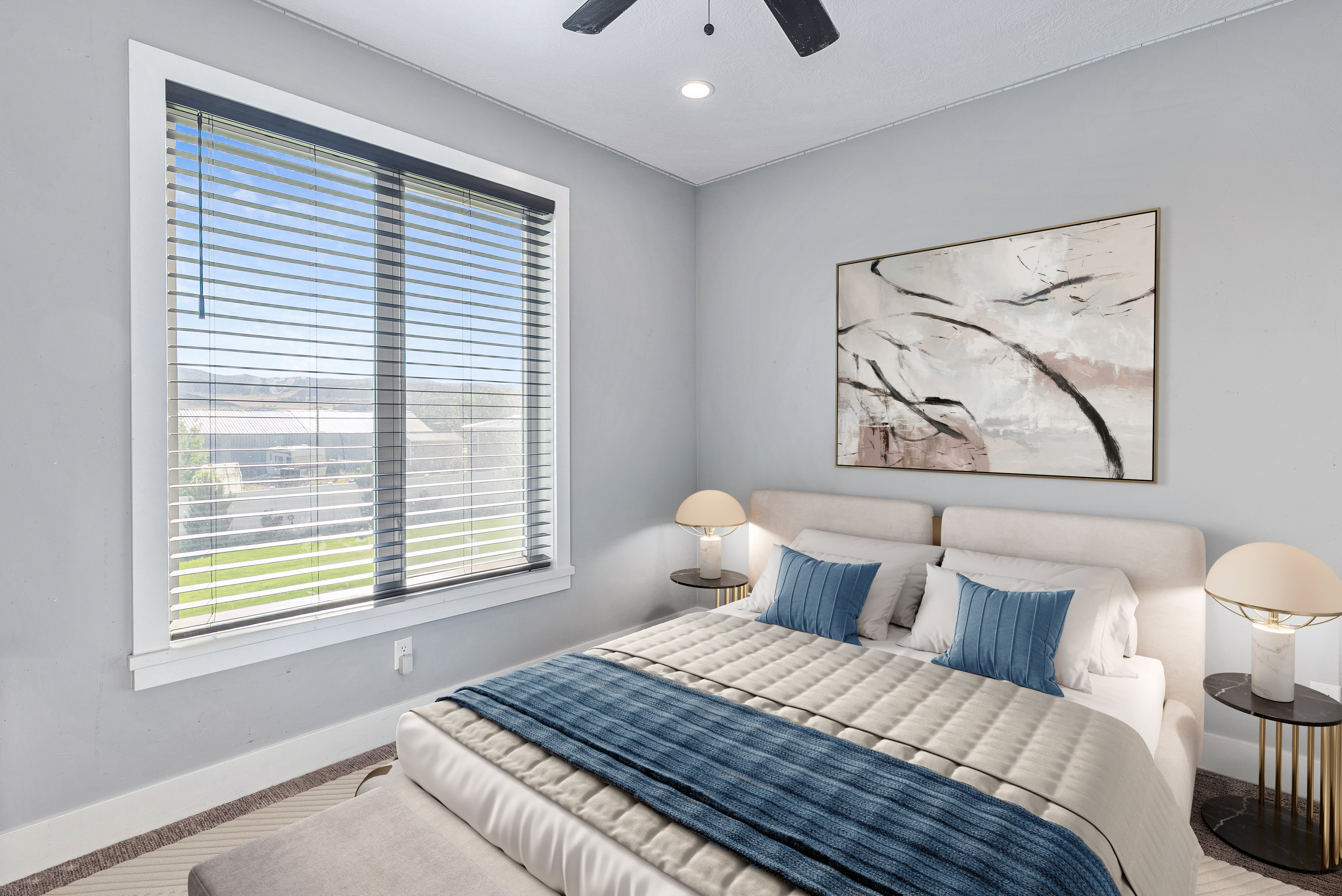 Bedroom featuring a large window with horizontal blinds, recessed lighting, and a ceiling fan