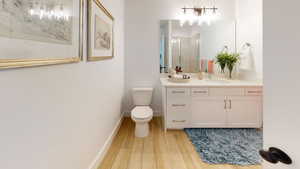 Full bathroom featuring wood finished floors, vanity, and a stall shower