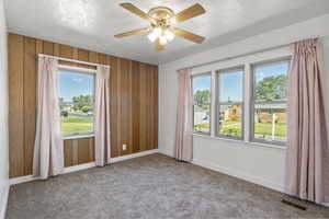 Carpeted spare room with wood walls, healthy amount of natural light, a textured ceiling, and ceiling fan