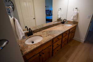 Bathroom featuring wood finished floors and double vanity
