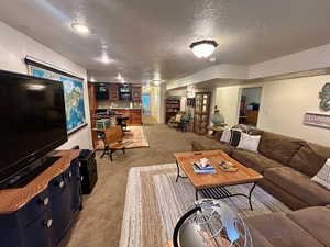 Living area featuring light colored carpet and a textured ceiling