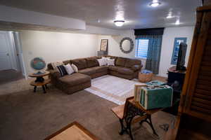 Living area featuring carpet flooring and a textured ceiling