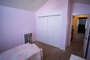 Bedroom featuring lofted ceiling, carpet floors, and a closet