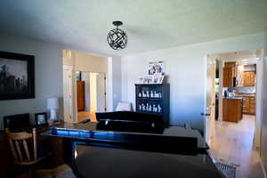 Living area featuring light wood-style flooring and a textured ceiling