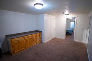 Additional living space with a textured ceiling and carpet flooring