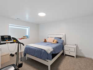 Bedroom with carpet flooring and baseboards