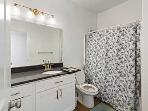 Bathroom featuring wood finished floors, vanity, and a shower with shower curtain