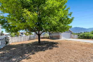 View of yard with concrete driveway, a mountain view, and a garage