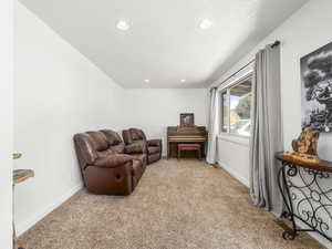 Living area with light colored carpet and recessed lighting