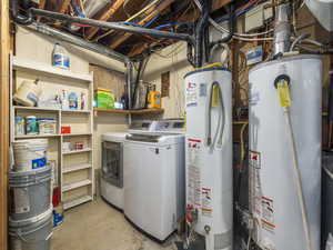 Laundry room featuring washing machine and dryer and gas water heaters