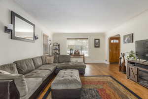 Living room featuring wood finished floors and arched walkways