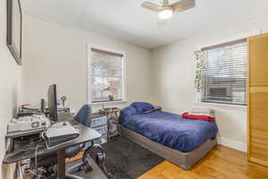 Bedroom featuring light wood finished floors, multiple windows, a desk, and ceiling fan