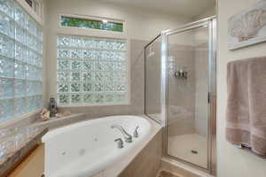 Bathroom featuring a whirlpool tub, a shower stall, vanity, and plenty of natural light