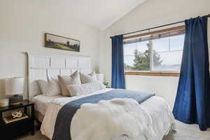 Bedroom featuring carpet floors and vaulted ceiling