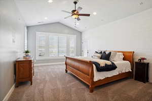 Bedroom with carpet floors, vaulted ceiling, recessed lighting, and a ceiling fan