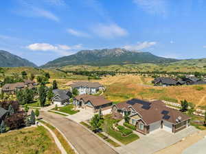 Aerial perspective of suburban area with a mountainous background