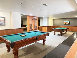 Playroom featuring wallpapered walls, pool table, wainscoting, recessed lighting, and carpet floors